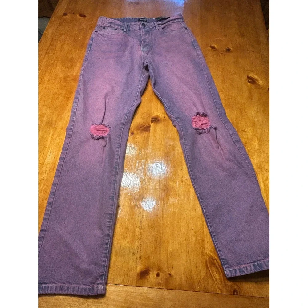 boohooMAN Mens Y2K‎ Grunge Relaxed Rigid Tinted Jeans Pink Purple Ripped Knee